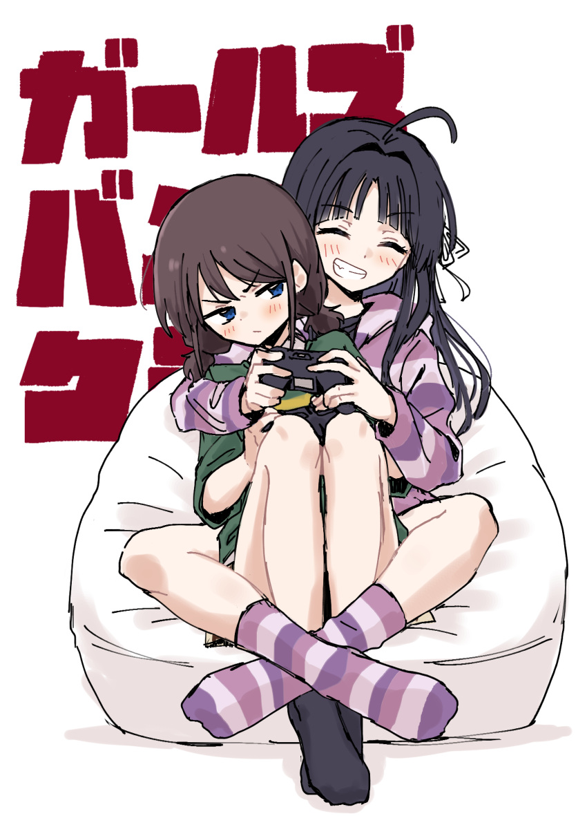 2girls, :/, :d, annoyed, awa_subaru, bean_bag_chair, between_legs, black_hair