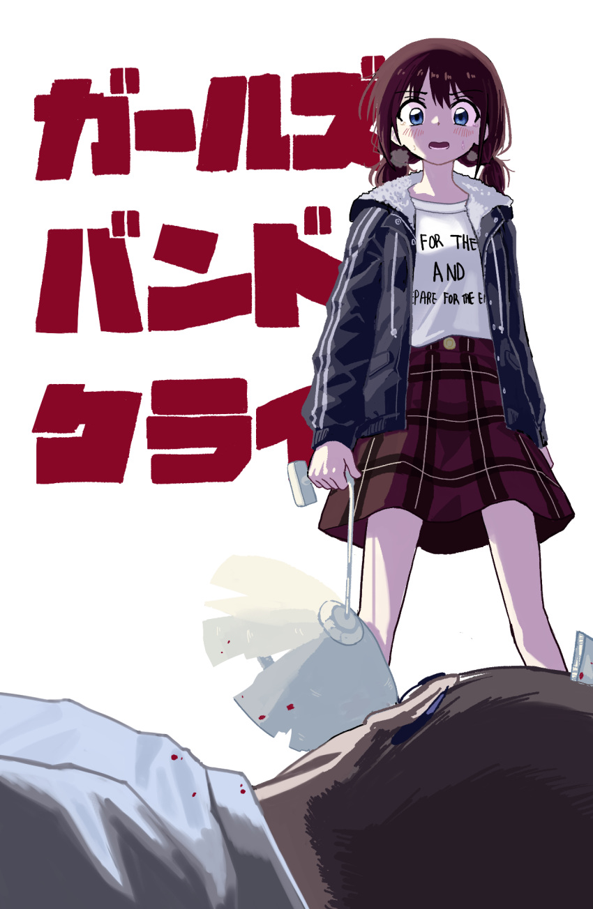 1boy, 1girl, black_jacket, blood, blue_eyes, blush, brown_hair, clothes_writing