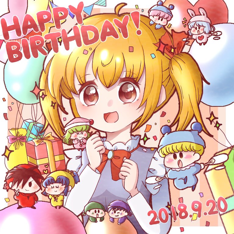 4girls, 5boys, balloon, black_hair, blonde_hair, brown_eyes, commentary_request, confetti