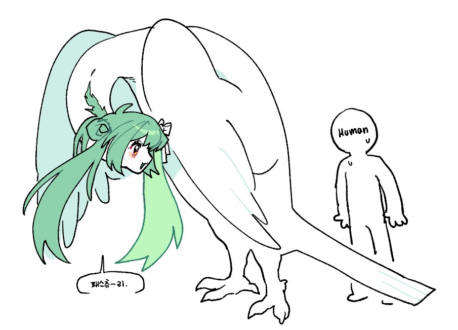 1girl, 1other, bird_girl, bluepico, bow, claws, commentary_request, feathers