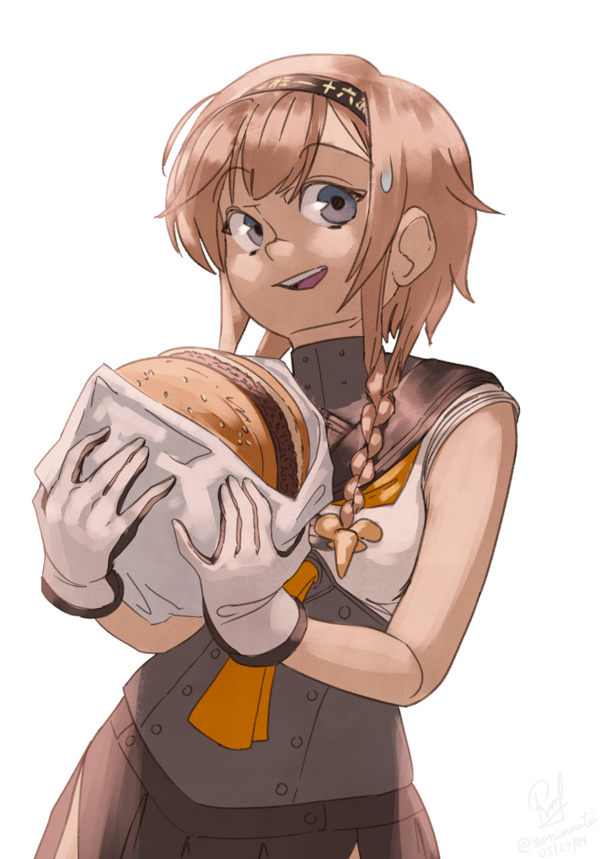 1girl, absurdres, black_headband, black_sailor_collar, black_skirt, braid, burger, clothes_writing