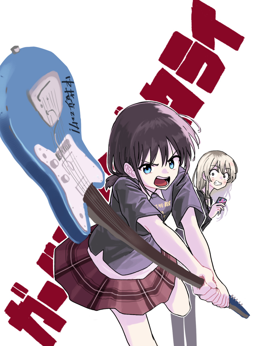 2girls, black_shirt, black_sweater, blue_eyes, blush, brown_hair, cellphone, clenched_teeth