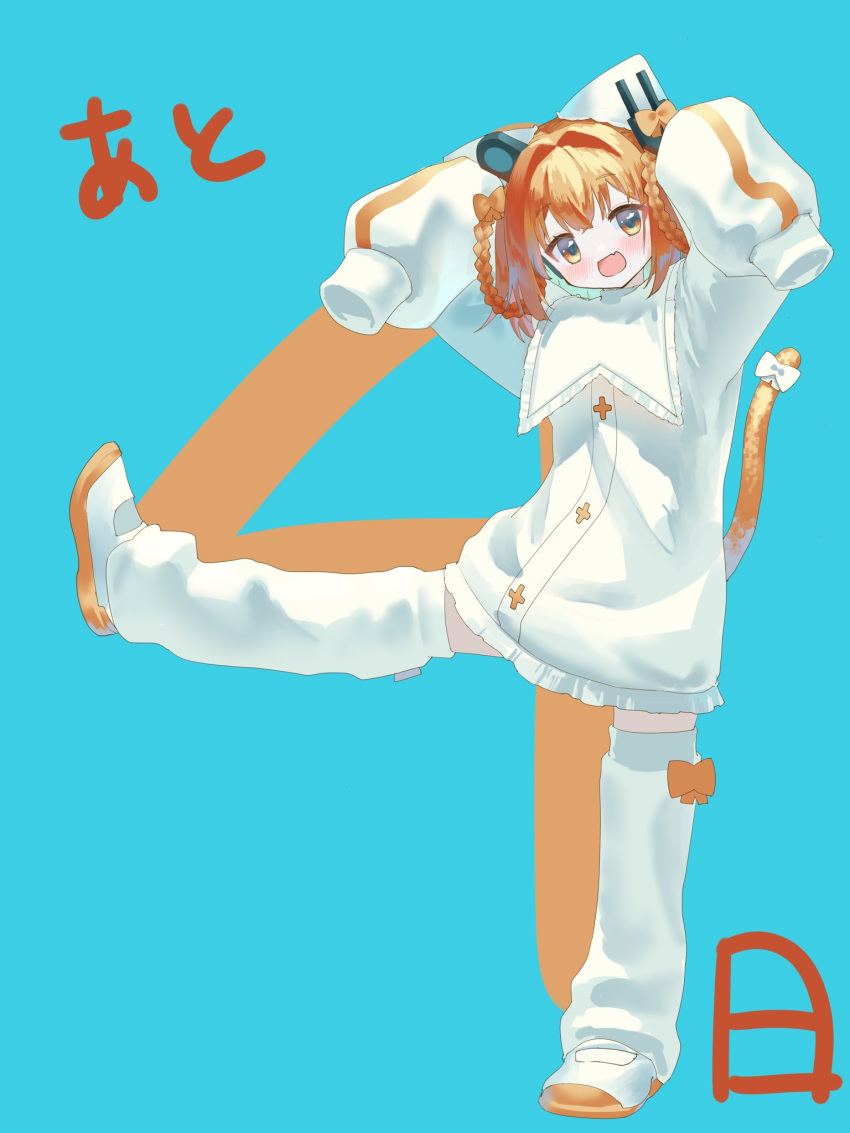 1girl, a.i._voice, adachi_rei, alternate_costume, alternate_hairstyle, animal_ears, blue_background, bow, braided_hair_rings, cat_ears, cat_girl, cat_tail, dennou_myen_myen_mao, dress, ear_covers, fang, frilled_dress, frills, full_body, hair_bow, hair_intakes, hands_up, headlamp, highres, kaimu_(adachi_rei), kemonomimi_mode, leg_up, long_sleeves, looking_at_viewer, open_mouth, orange_bow, orange_eyes, orange_hair, radio_antenna, shoes, skin_fang, sleeves_past_fingers, sleeves_past_wrists, smile, solo, standing, standing_on_one_leg, tail, tail_bow, tail_ornament, utau, white_bow, white_dress, white_footwear, white_leg_warmers