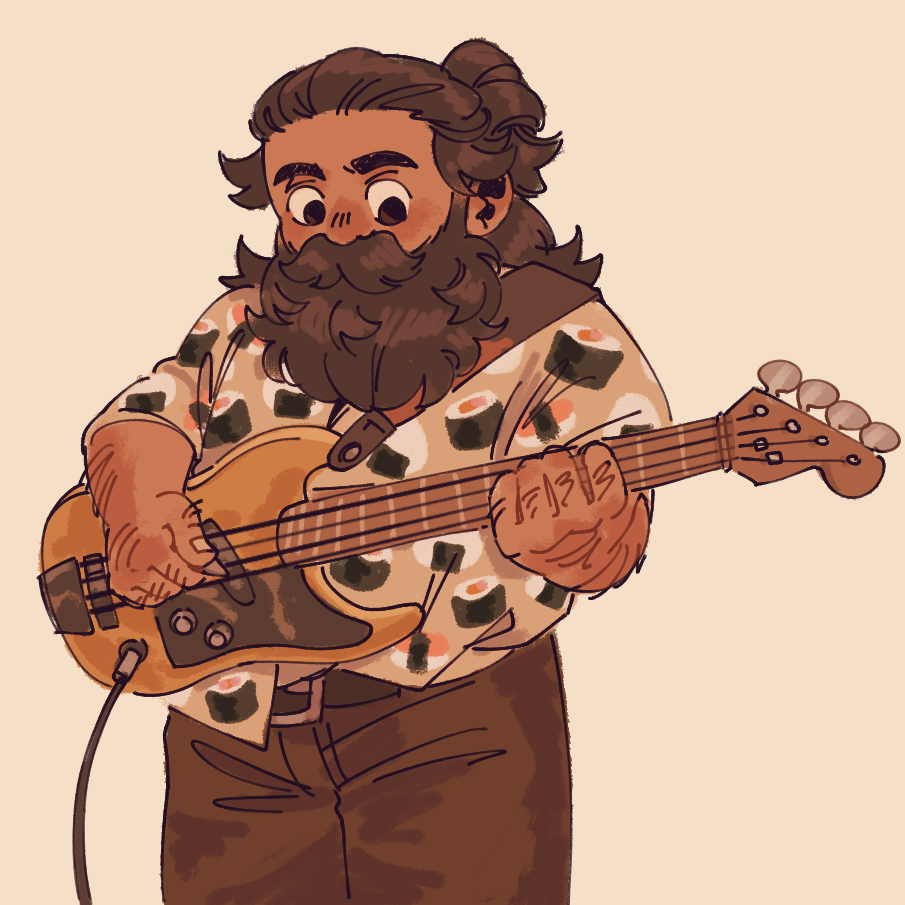 1boy, alternate_costume, beard, beard_over_mouth, commentary, contemporary, cowboy_shot, dungeon_meshi