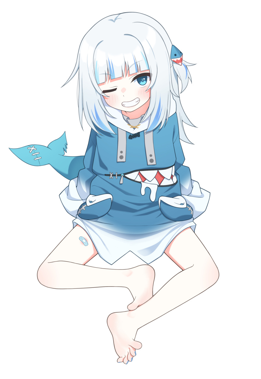 1girl, absurdres, animal_costume, animal_hood, bandaid, bare_legs, barefoot, blue_eyes