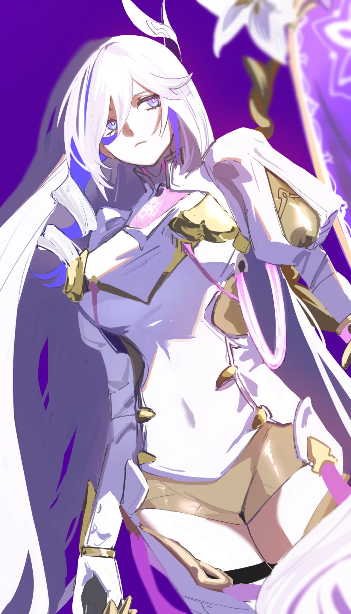 1girl, blue_eyes, breasts, bright_pupils, brown_shorts, claw_ring, closed_mouth, clothing_cutout