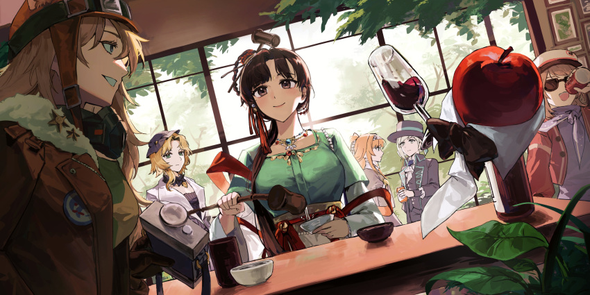 6+girls, absurdres, alcohol, apple, apple_(reverse:1999), ascot, aviator_cap, black_bow