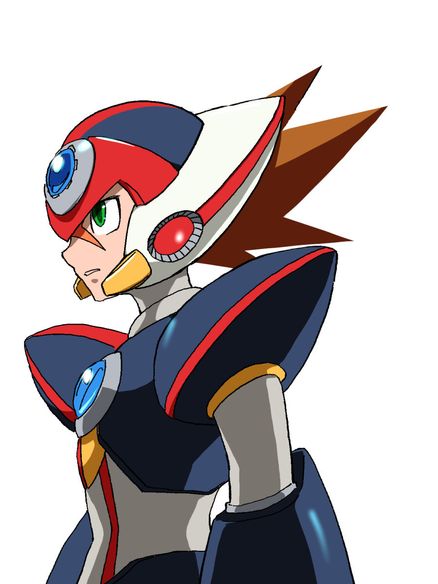 1boy, android, armor, axl_(mega_man), black_armor, black_helmet, brown_hair, chest_jewel
