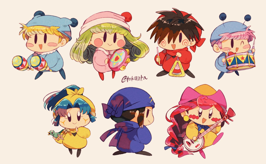 3girls, 4boys, ;d, akumi, bandana, black_hair, blonde_hair, blue_pajamas