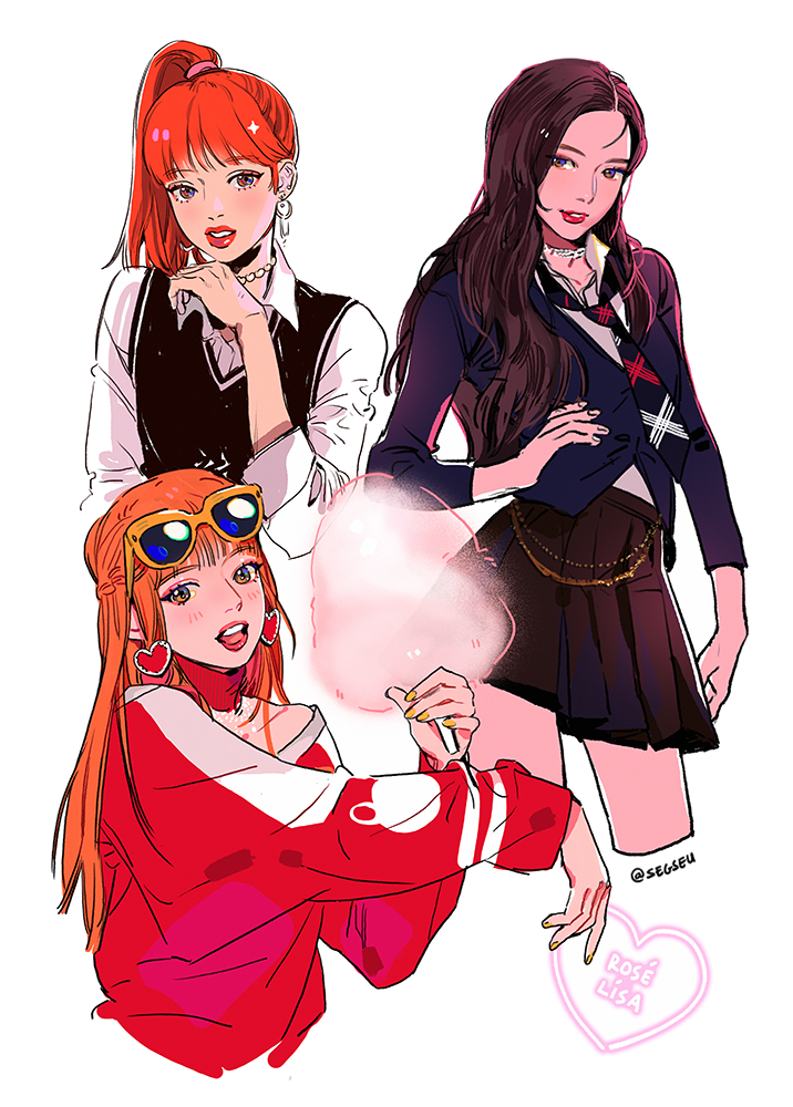 2girls, animification, blackpink, blunt_bangs, brown_hair, cotton_candy, cropped_legs, earrings