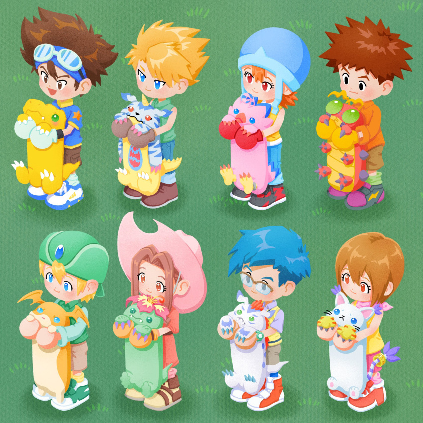 3boys, 3girls, 5boys, agumon, bandana, bandana_around_neck, blonde_hair, blue_eyes
