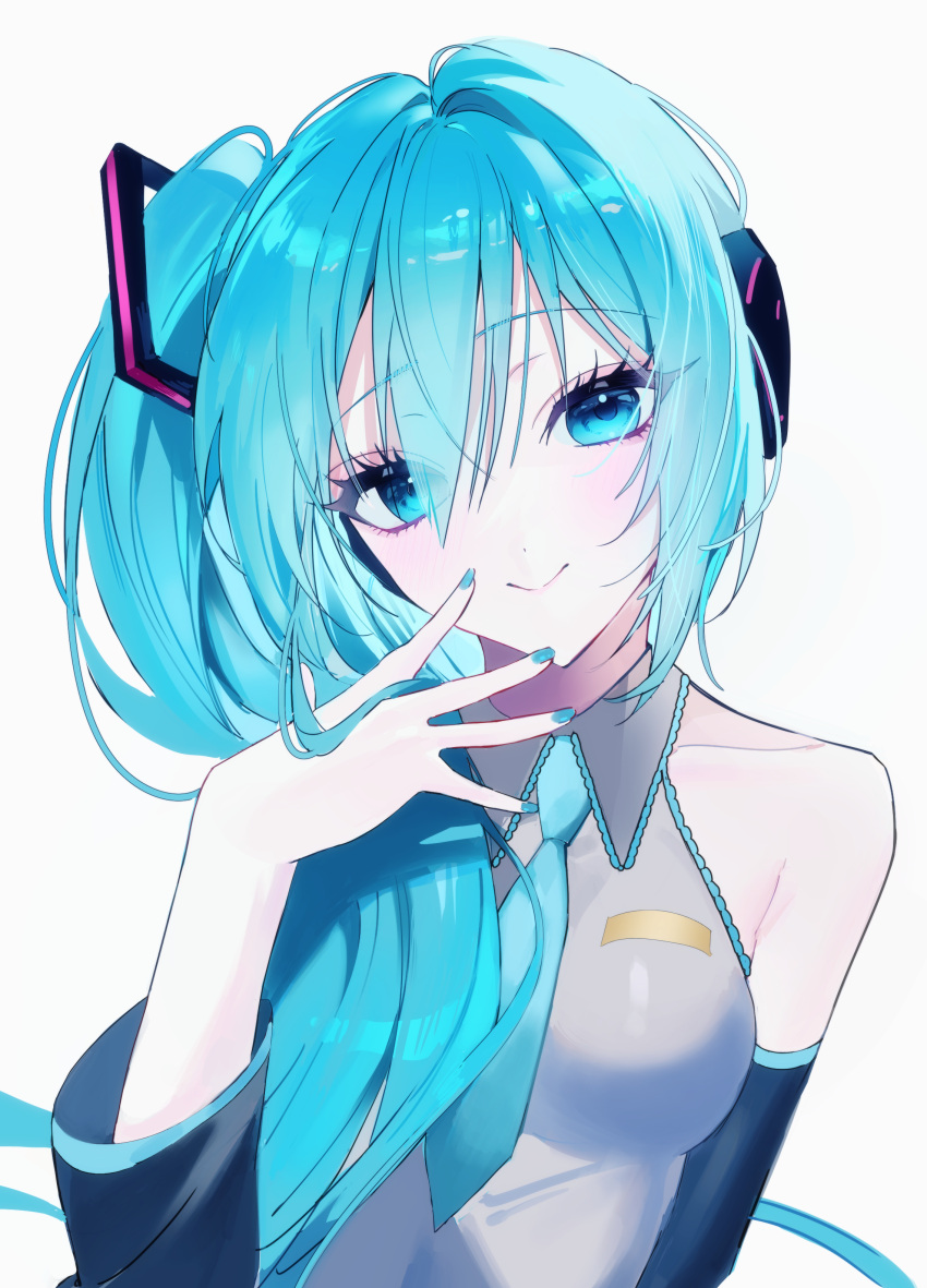1girl, absurdres, alternate_hairstyle, aqua_eyes, aqua_hair, aqua_nails, aqua_necktie, aqua_trim, arm_at_side, bare_shoulders, black_sleeves, blush, breasts, closed_mouth, collarbone, collared_shirt, commentary, derivative_work, detached_sleeves, english_commentary, eyes_visible_through_hair, finger_to_cheek, finger_to_own_chin, grey_shirt, hair_between_eyes, hair_ornament, hand_up, hatsune_miku, hatsune_miku_(noodle_stopper), highres, long_sleeves, looking_at_viewer, nail_polish, necktie, pb_q, photo-referenced, ponytail, shirt, side_ponytail, sidelocks, simple_background, single_hair_intake, sleeveless, sleeveless_shirt, smile, upper_body, vocaloid, white_background