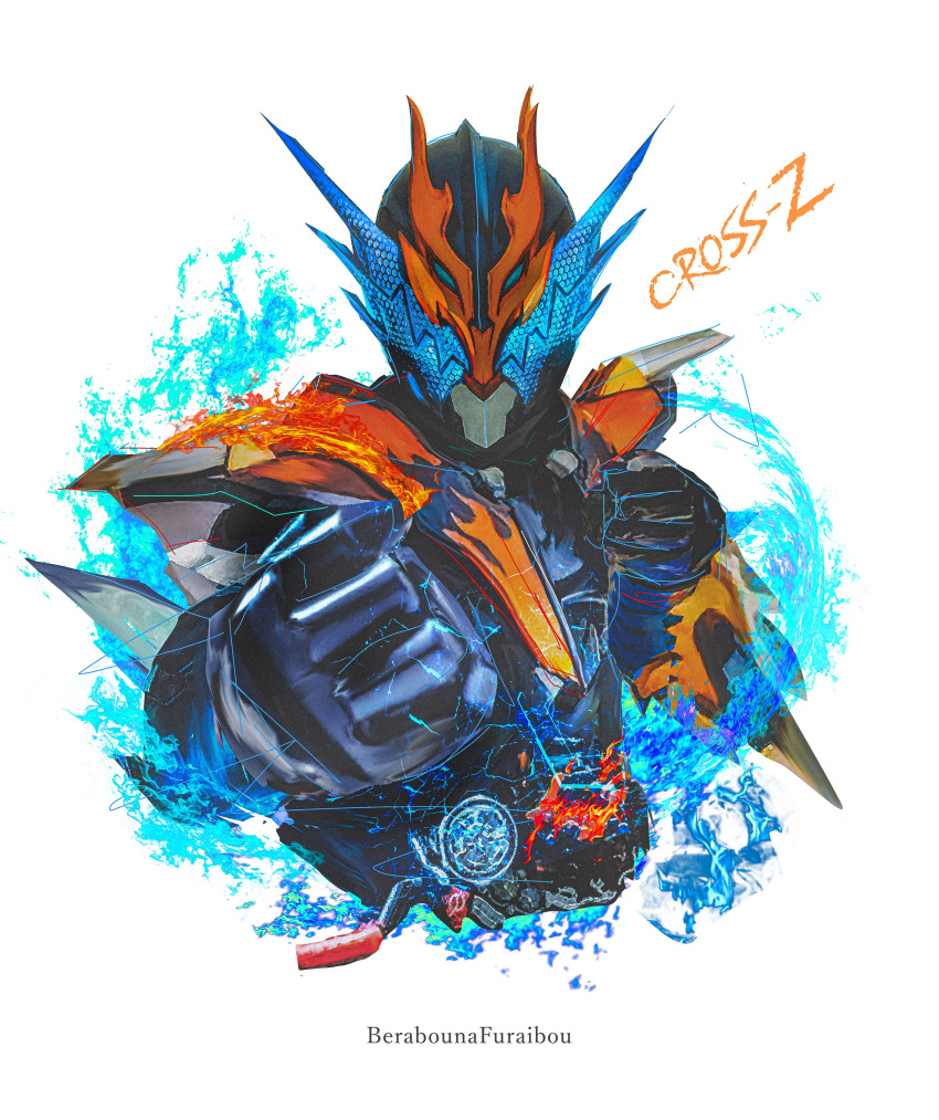 1boy, absurdres, armor, blue_armor, build_driver, character_name, clenched_hands, cross-z_dragon