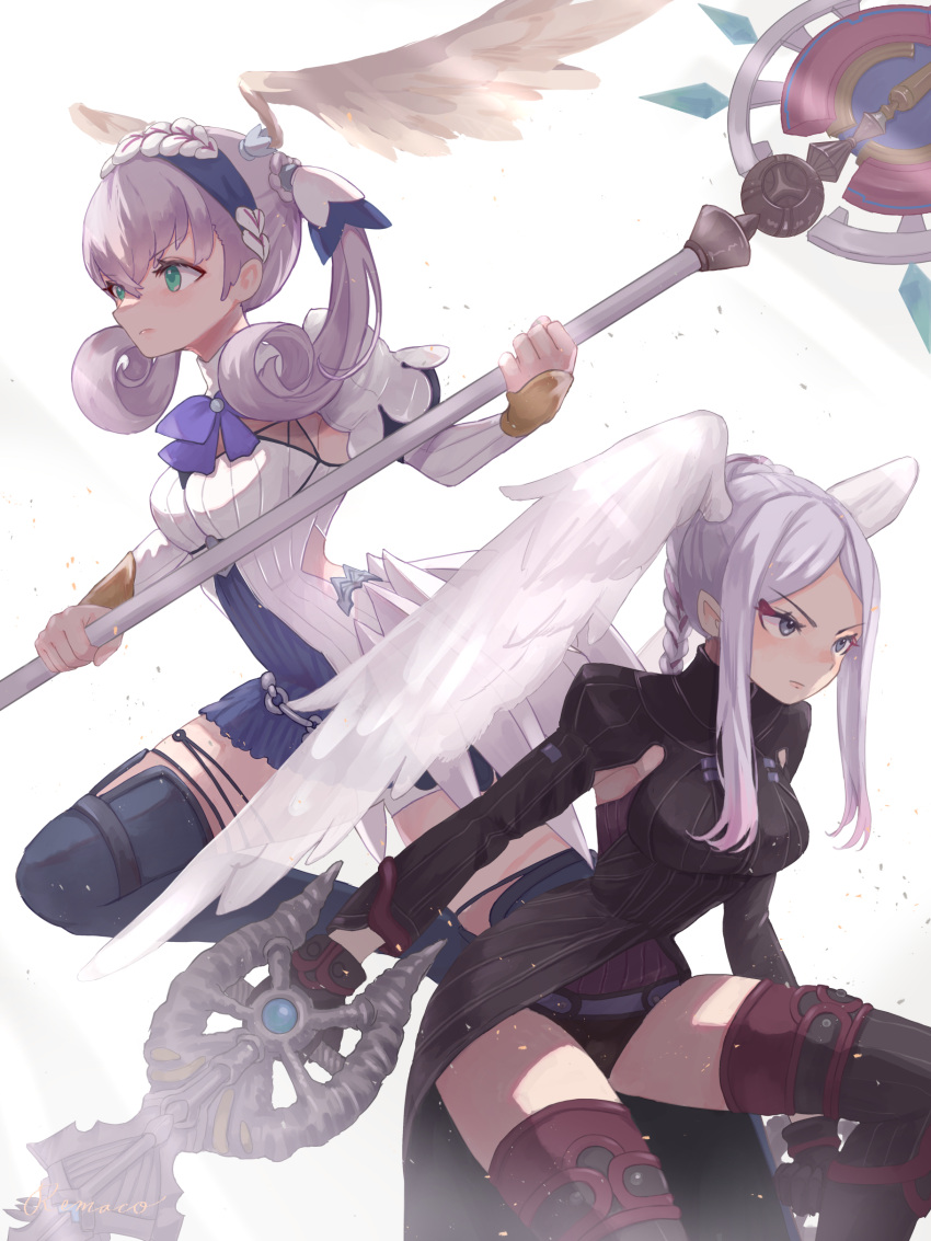 2girls, absurdres, blue_eyes, braid, breasts, cape, crown_braid, curly_hair