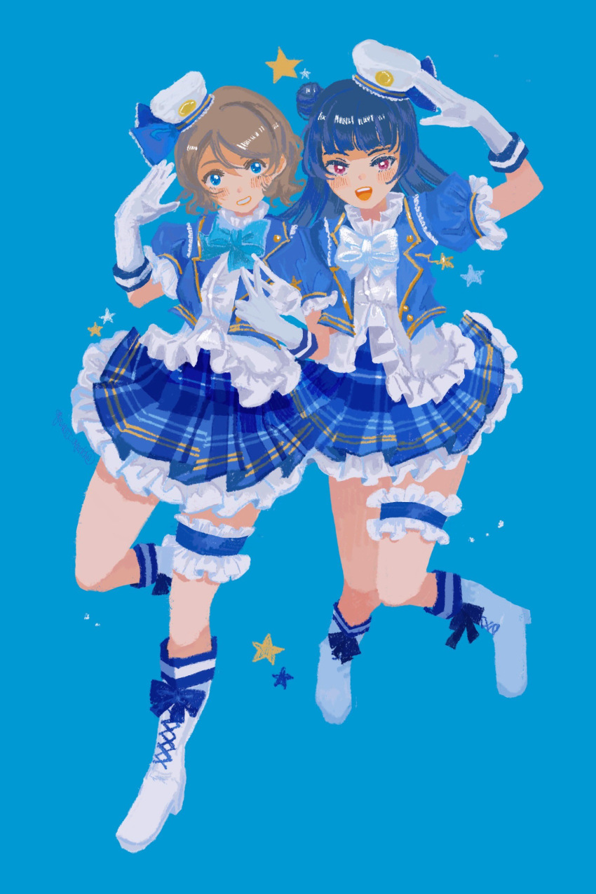 absurdres, blue_eyes, blue_hair, blush, boots, brown_hair, hat, highres