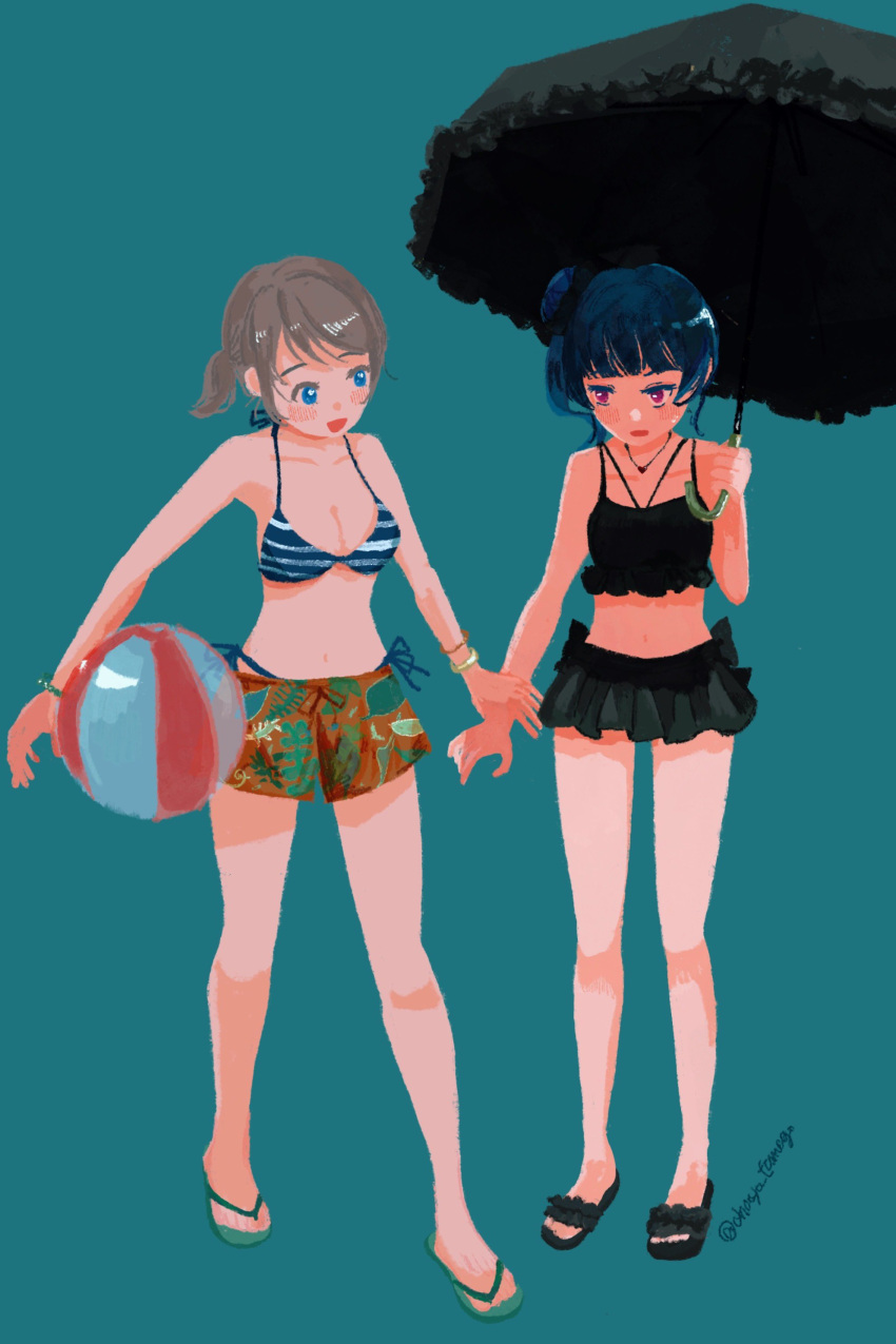 absurdres, ball, beachball, bikini, blue_eyes, blue_hair, brown_hair, highres