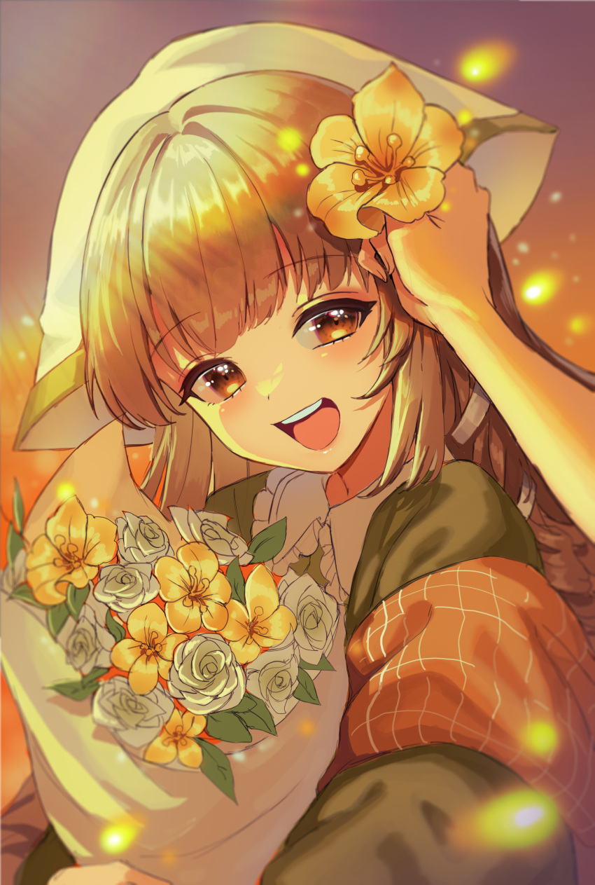 1girl, 1other, :d, absurdres, bouquet, brown_eyes, brown_hair, commentary