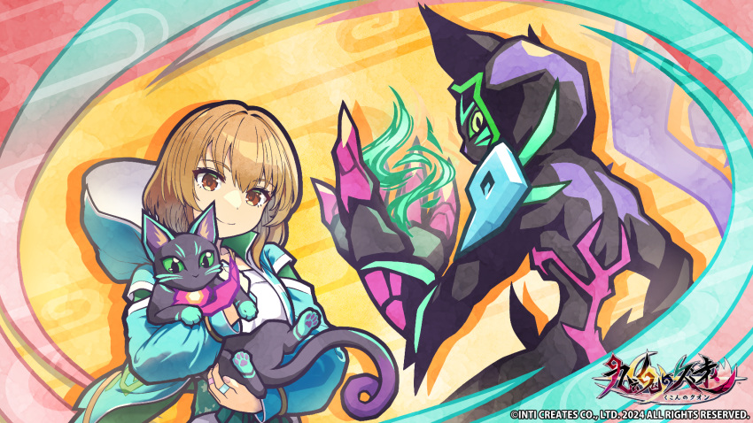 1girl, animal, black_eyes, black_fur, blue_jacket, body_fur, brown_eyes, brown_hair