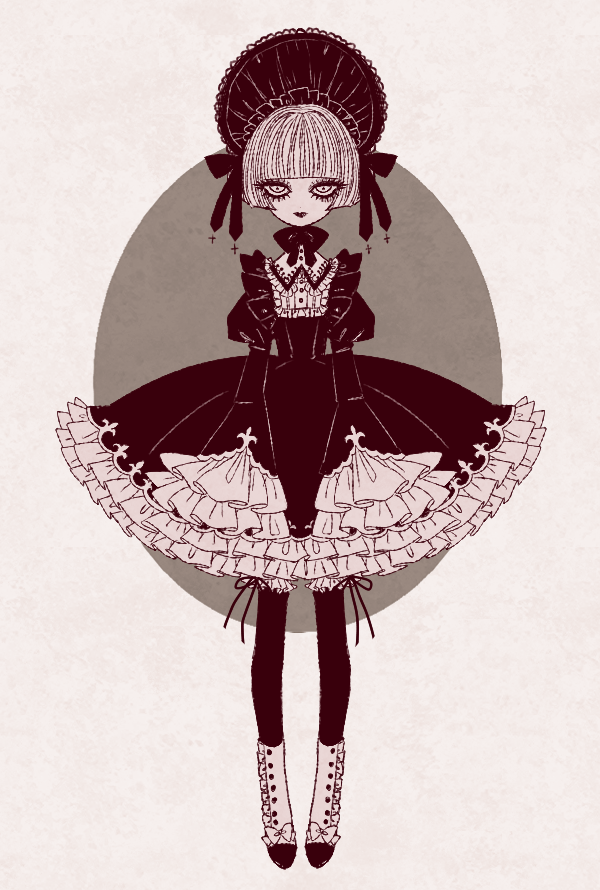 1girl, black_lips, blunt_bangs, bob_cut, bonnet, boots, buttons, cross