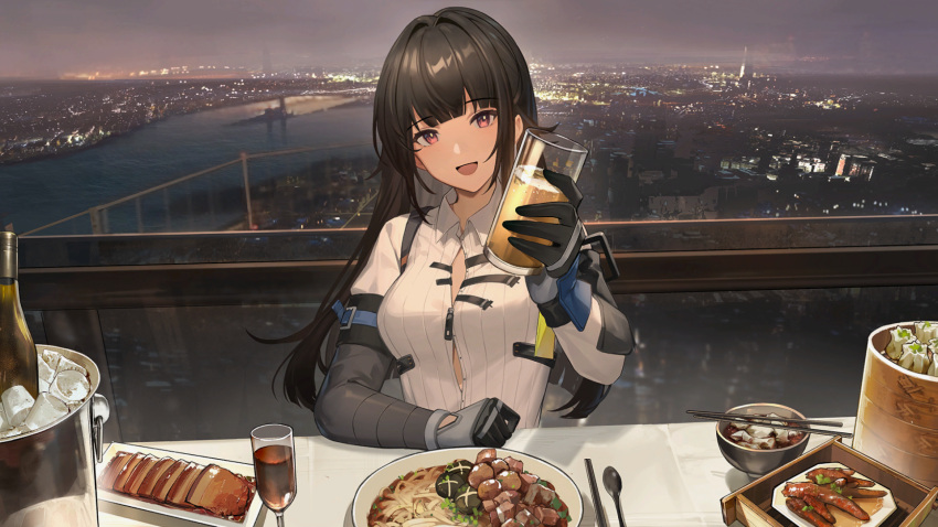 1girl, alcohol, beer, black_hair, bowl, breasts, bucket, champagne, chopsticks, city, city_lights, cityscape, collared_shirt, cup, dinner, drinking_glass, food, game_cg, gloves, highres, ice, long_hair, looking_at_viewer, medium_breasts, official_art, open_mouth, river, shirt, smile, snowbreak:_containment_zone, solo, spoon, third-party_source, yao_(snowbreak)