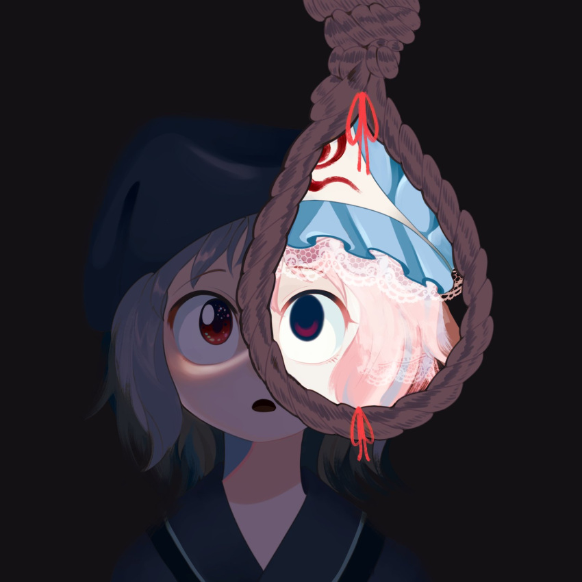 1girl, black_background, clem_(calmeremerald), commentary, dual_persona, english_commentary, highres, noose