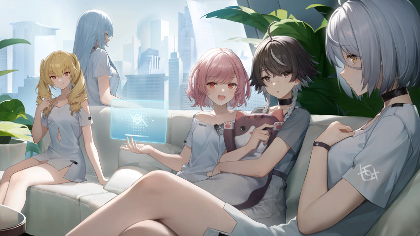 5girls, :o, acacia_(snowbreak), black_hair, blonde_hair, blue_hair, building, cherno_kegaard