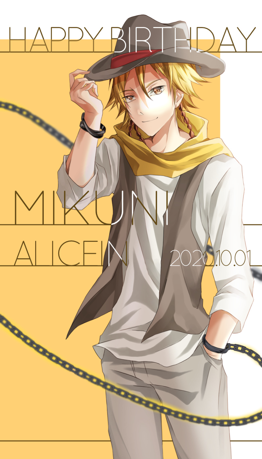1boy, alicein_mikuni, asymmetrical_hair, bishounen, blonde_hair, braid, hand_in_pocket, happy_birthday