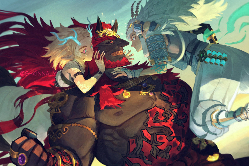 1girl, 2boys, armband, artist_name, baggy_pants, biceps, blonde_hair, crown