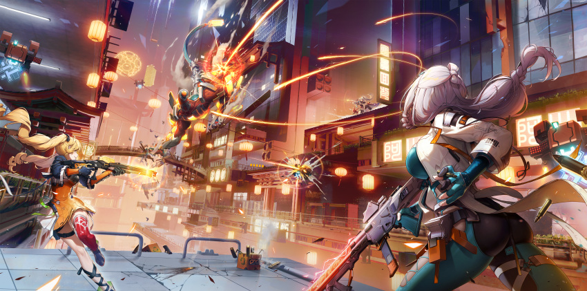 3girls, absurdres, acacia_(snowbreak), blonde_hair, breasts, broken_window, building, collapsed