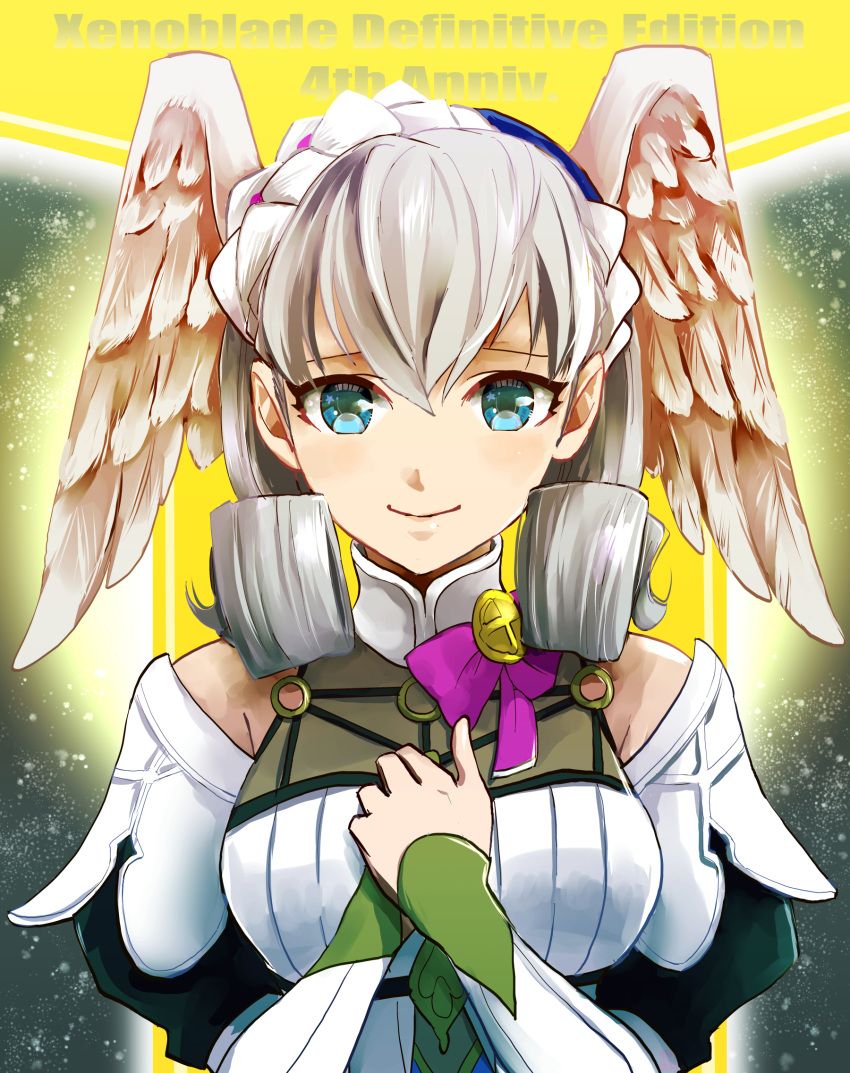 1girl, blue_eyes, grey_hair, head_wings, highres, melia_antiqua, mizss, smile
