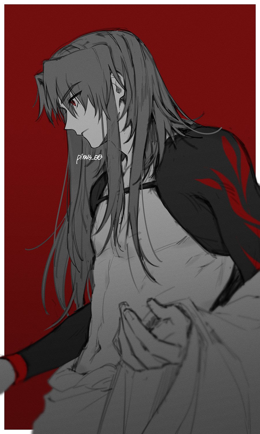 1boy, abs, bare_pectorals, black_jacket, cropped_jacket, fate/samurai_remnant, fate_(series), highres, jacket, long_hair, looking_to_the_side, male_focus, navel, partially_colored, pectorals, pinus_00, red_background, red_eyes, simple_background, solo, zheng_chenggong_(fate)