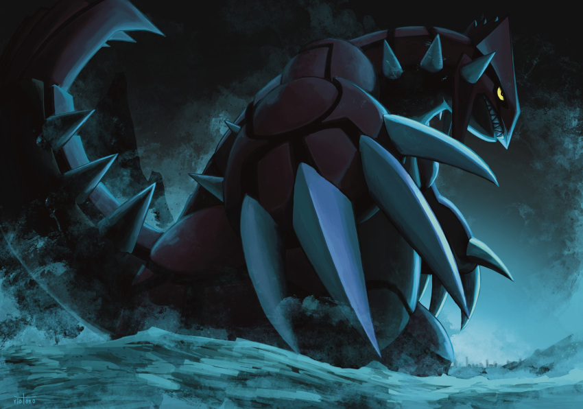 claws, colored_skin, dark_background, glowing, glowing_eyes, groudon, highres, no_humans