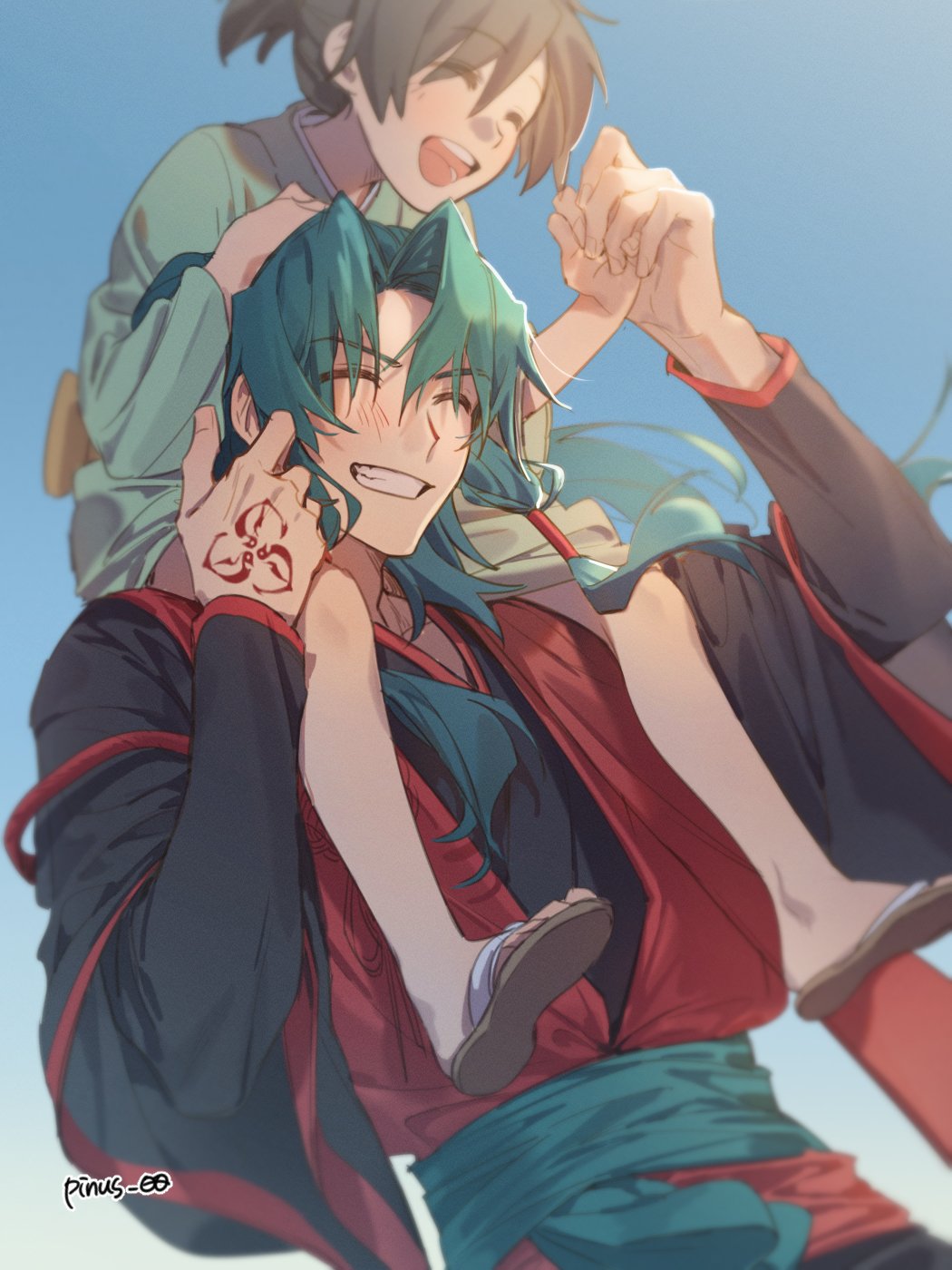 2boys, :d, black_hanfu, blush, carrying, carrying_person, child, chinese_clothes