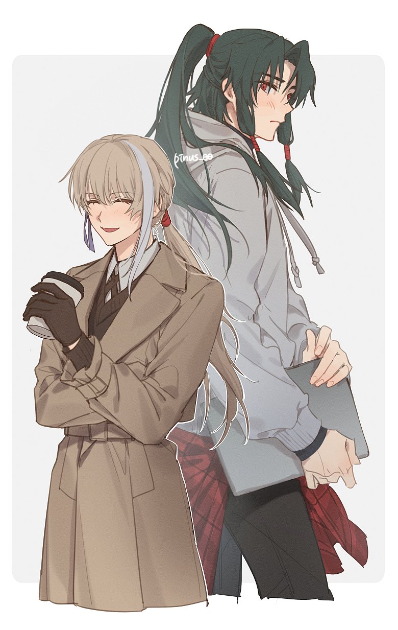 2boys, alternate_universe, archer_(fate/samurai_remnant), back-to-back, blush, closed_eyes, coat, computer