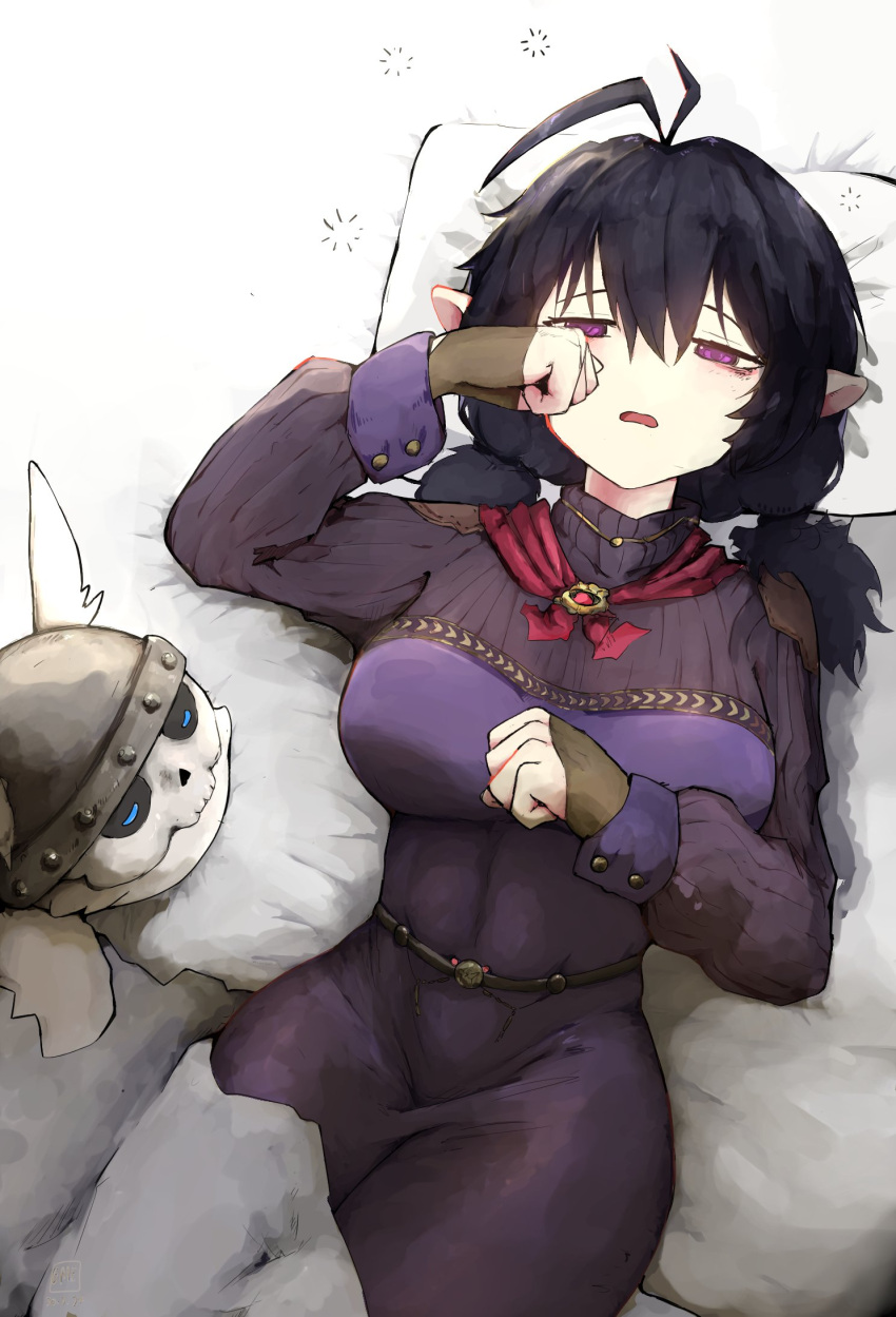 1girl, 1other, antenna_hair, belt, black_hair, breasts, brown_dust_2, dress, elf, feet_out_of_frame, hair_between_eyes, helmet, highres, isaac_(brown_dust_2), kardpe, large_breasts, loen_(brown_dust_2), lying, medium_hair, on_back, on_bed, pillow, pointy_ears, purple_dress, rubbing_eyes, signature, sleepy, turtleneck, turtleneck_dress, twintails, violet_eyes, waking_up