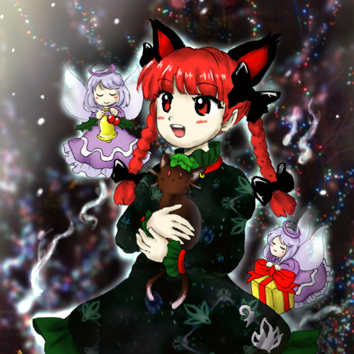 1girl, :d, animal, animal_ears, bell, black_bow, black_dress, bow