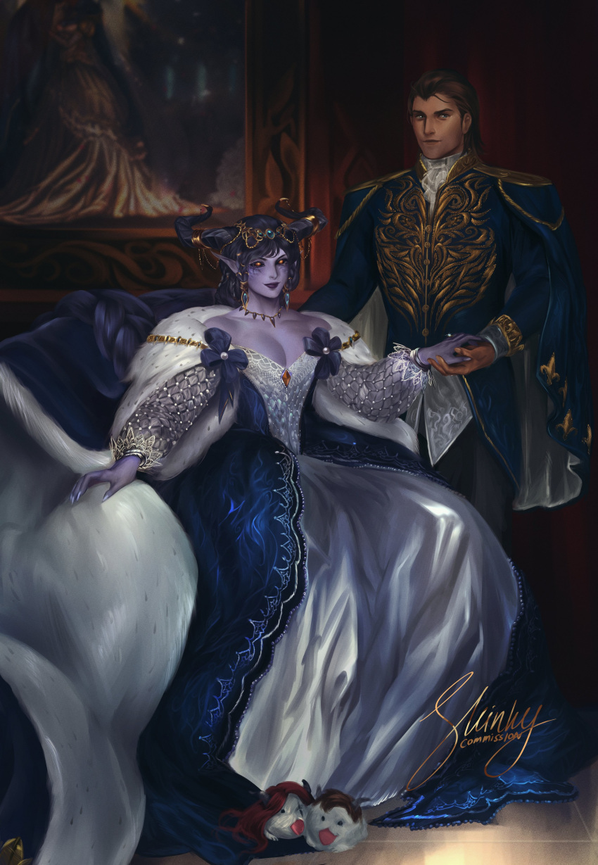 1boy, 1girl, absurdres, bare_shoulders, black_hair, breasts, brown_hair, colored_skin