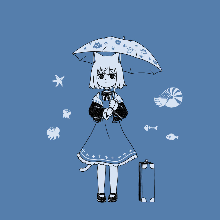 1girl, :3, animal_ears, blue_theme, cat_ears, cat_girl, cat_tail, dress
