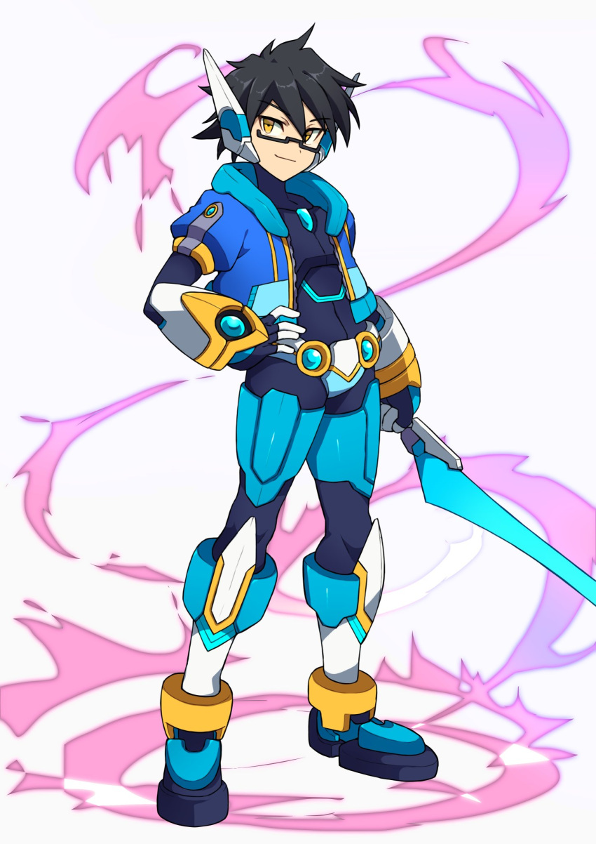 1boy, armor, aura, black_hair, blue_jacket, commission, cosplay, energy_sword