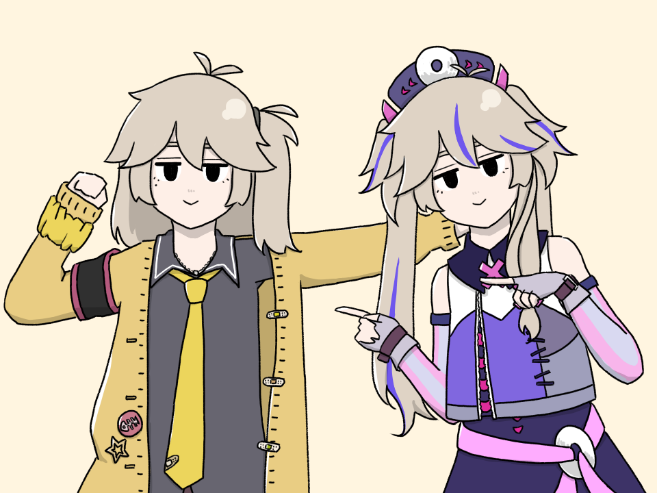 2girls, :>, alternate_eye_color, antenna_hair, armband, black_armband, black_eyes, black_shirt