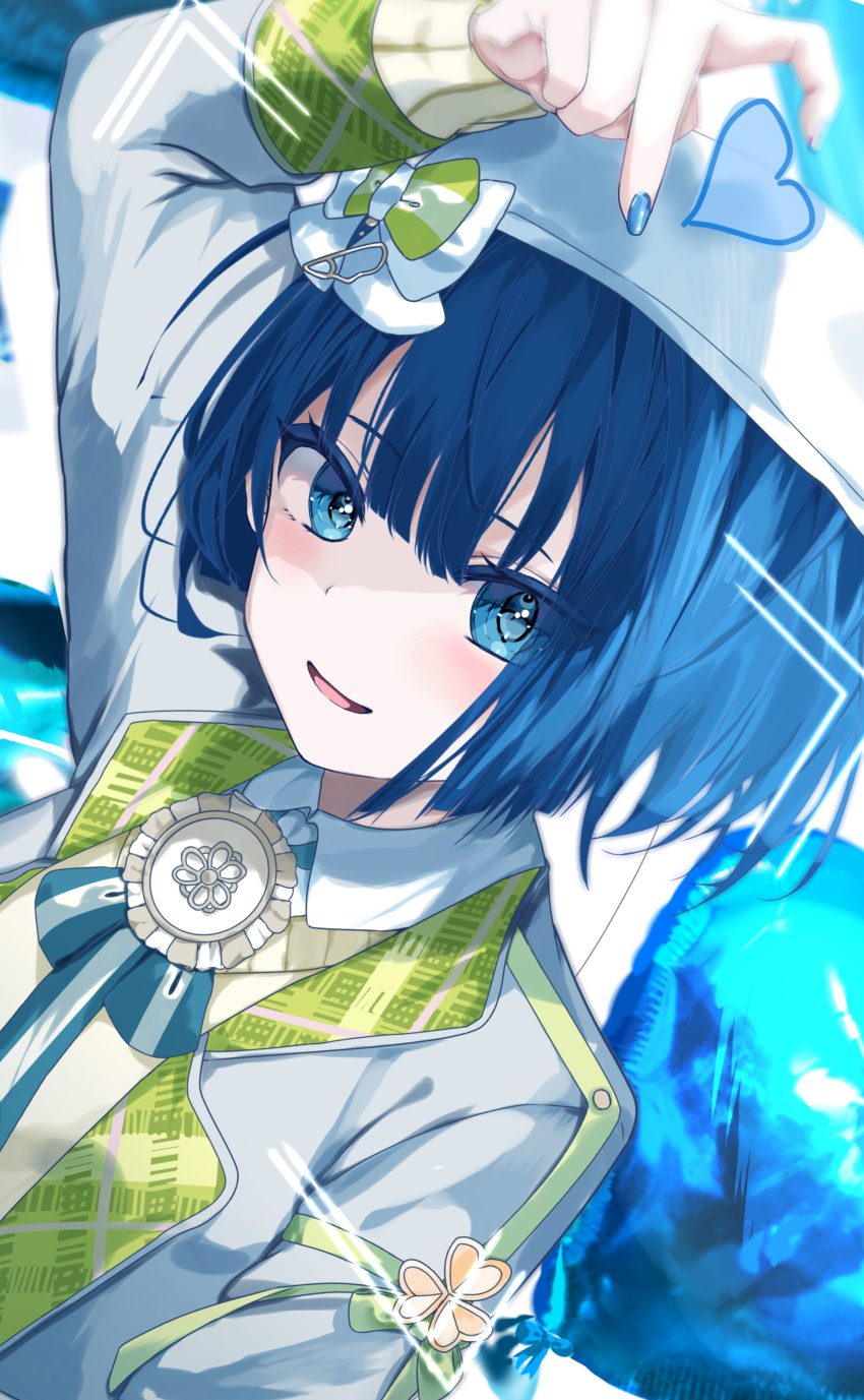 1girl, absurdres, aqua_ribbon, balloon, blue_eyes, blue_hair, blunt_bangs, blush, bob_cut, bow, clover, collared_shirt, finger_heart, green_bow, green_jacket, green_ribbon, half-heart_hands, hand_up, heart, highres, itsuka_hanasaku_suteeji_e_(project_sekai), jacket, kiritani_haruka, long_sleeves, looking_at_viewer, neck_ribbon, neu_33, parted_lips, plaid, plaid_jacket, project_sekai, ribbon, shirt, short_hair, sidelocks, smile, solo, straight_hair, striped_ribbon, two-sided_fabric, two-sided_jacket, white_beret, white_bow, white_jacket, white_ribbon, white_shirt