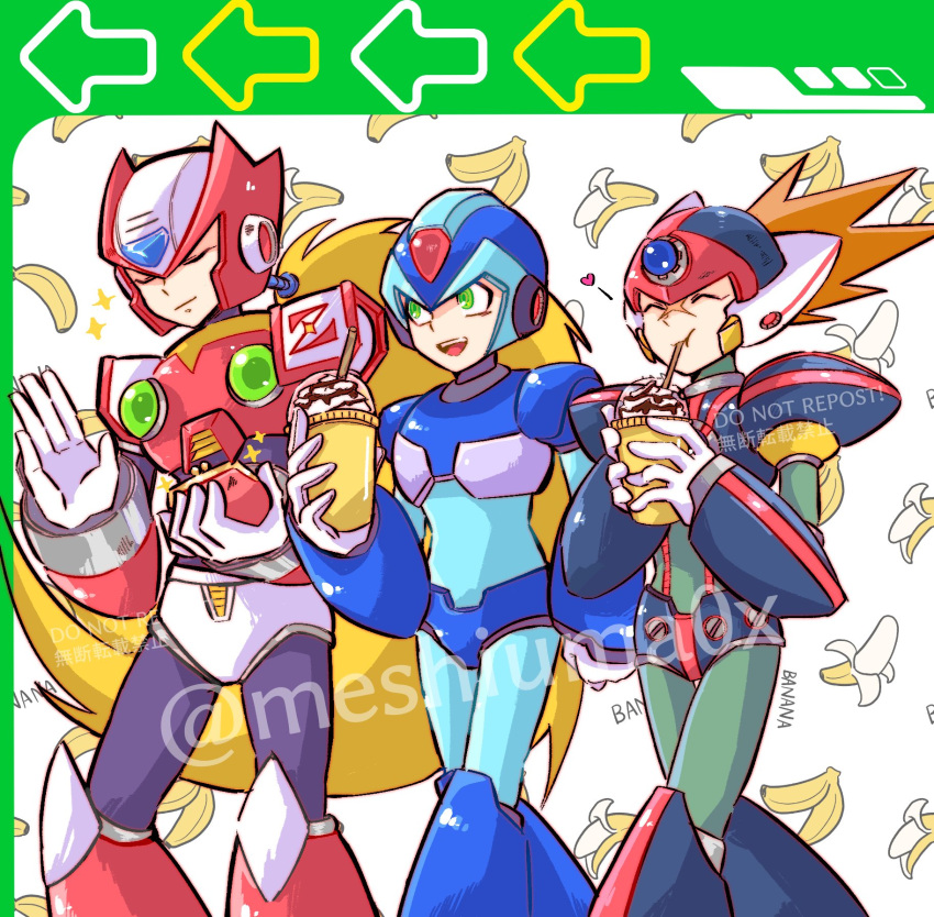 3boys, android, armor, axl_(mega_man), banana, black_armor, black_helmet, blonde_hair