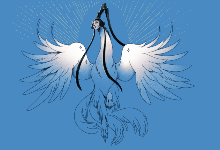 1boy, 2018_winter_olympics, agroshka, bird_boy, black_eyes, blue_background, blue_feathers, claws