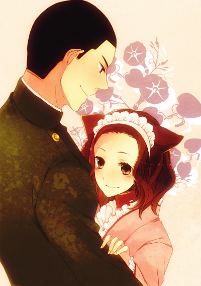 1girl, animal_ears, bad_id, black_hair, blush, brown_eyes, couple, fox_ears