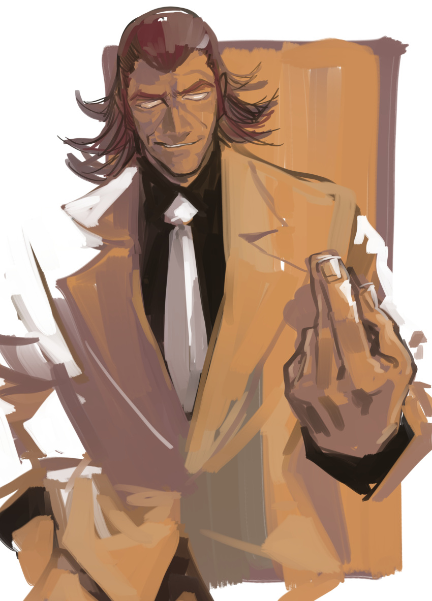 1boy, absurdres, black_shirt, blank_eyes, border, brown_hair, collared_shirt, commentary_request