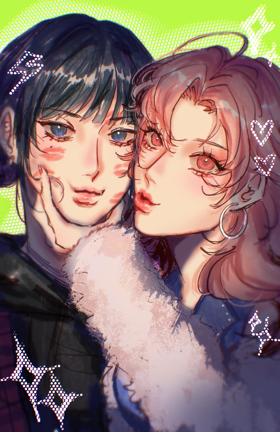 2girls, ahoge, artist_name, black_hair, black_hoodie, blue_eyes, blue_shirt, coat