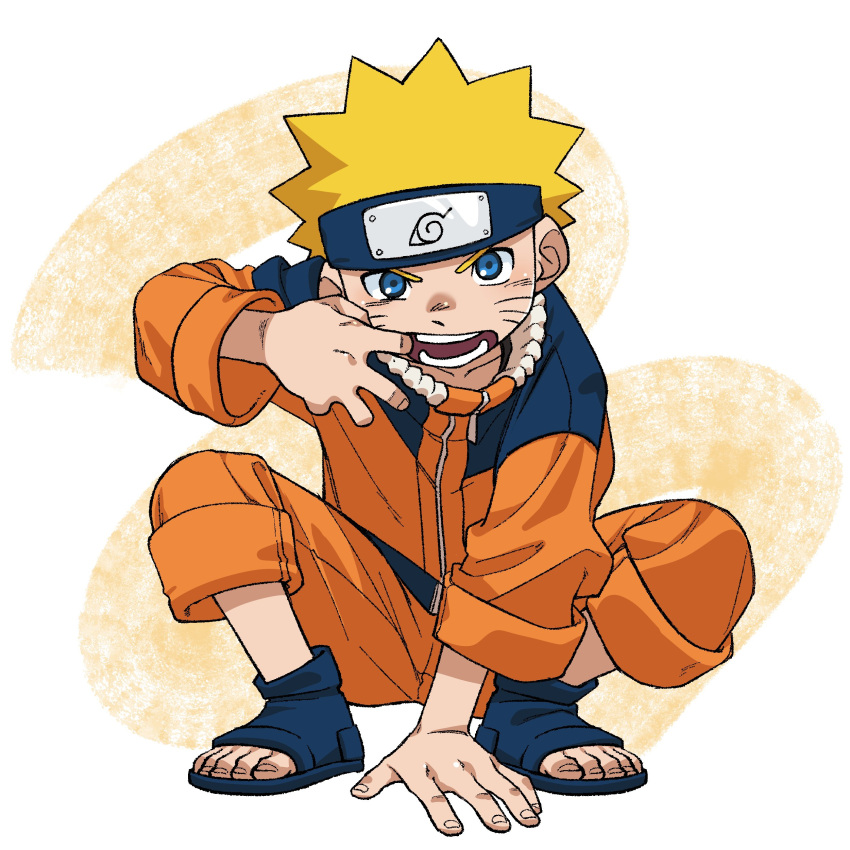 1boy, absurdres, blonde_hair, blue_eyes, blue_hair, child, commentary_request, facial_mark, finger_to_mouth, forehead_protector, full_body, headband, highres, jacket, long_sleeves, looking_at_viewer, male_focus, naruto, naruto_(series), ninja, open_mouth, pants, sandals, shoes, short_hair, simple_background, solo, spiky_hair, squatting, teeth, uzumaki_naruto, zumi_mimimi
