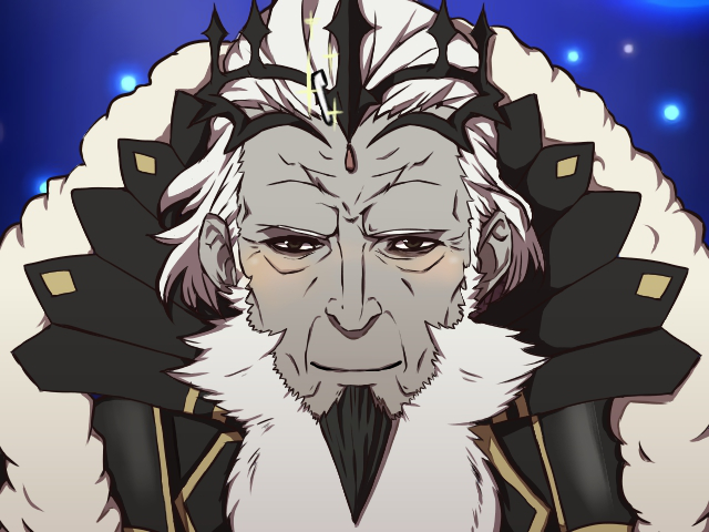 1boy, armor, beard, black_armor, black_eyes, cape, collared_cape, crown, facial_hair, fire_emblem, fire_emblem_fates, fur_cape, garon_(fire_emblem), king, long_beard, looking_at_viewer, old, old_man, raven_utau, solo, wrinkled_skin