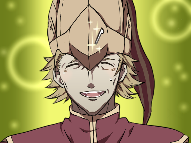 1boy, blonde_hair, closed_eyes, facing_viewer, fire_emblem, fire_emblem_fates, open_mouth, phrygian_cap, portrait, raven_utau, solo, striped_clothes, striped_headwear, sweat, teeth, turtleneck, vertical-striped_clothes, vertical-striped_headwear, zola_(fire_emblem)