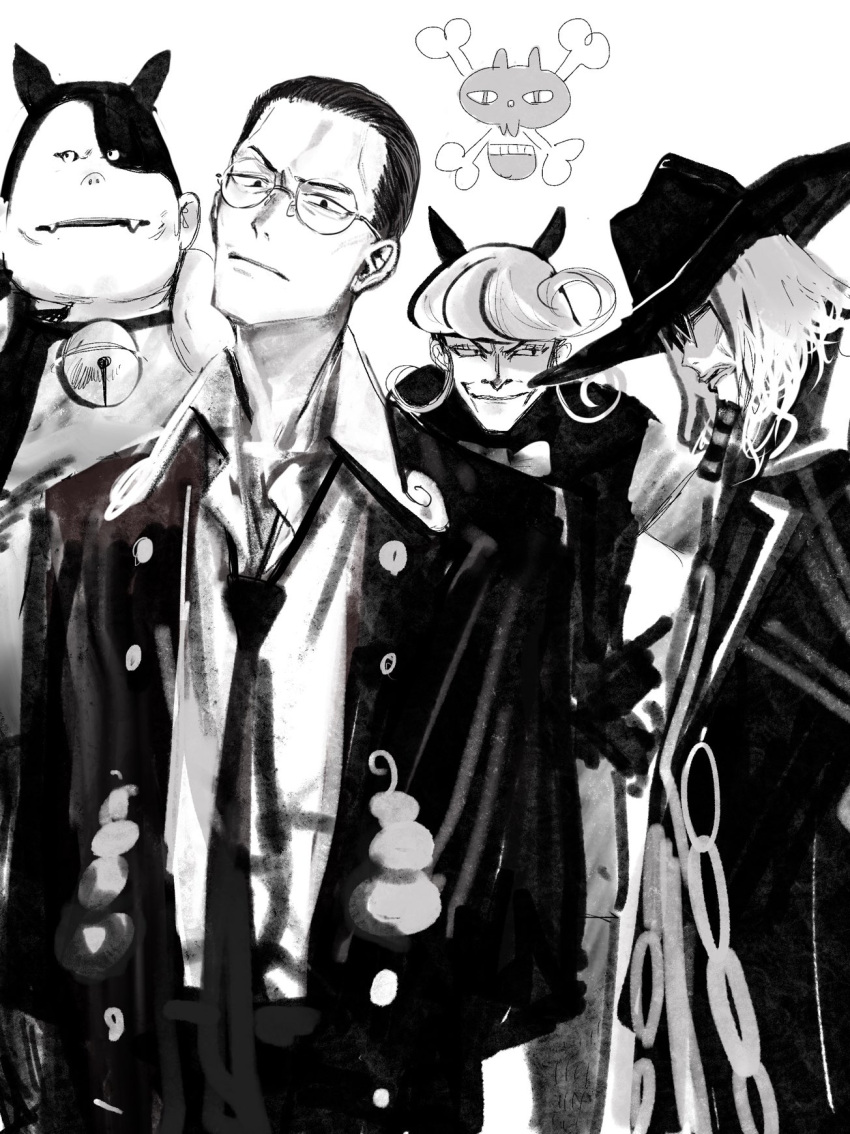 4boys, animal_ears, arms_behind_back, bell, bow, bowtie, buchi_(one_piece), captain_kuro